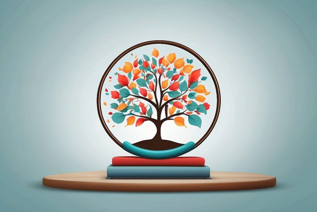 ree of Life with multi-colored leaves extending within a circle, resting on three stacked books that symbolize holistic health and wellness for the complete individual, encompassing physical, mental, and spiritual growth.
